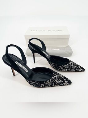 Manolo Blahnik Carolyne Black Silver Floral Embroidered Slingback Heels IT 40